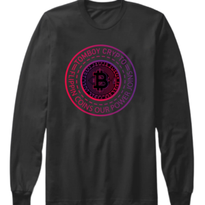 A black long sleeve shirt with a bitcoin logo on it.