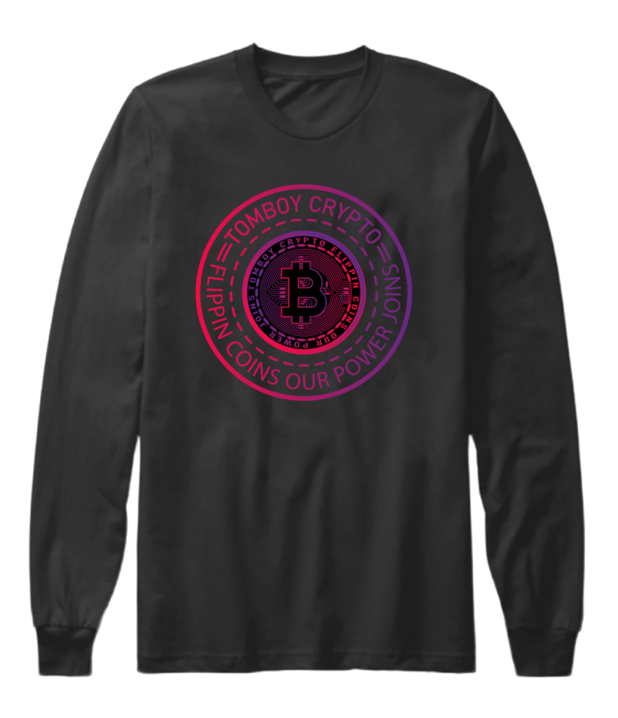 A black long sleeve shirt with a bitcoin logo on it.
