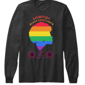 A black long sleeve shirt with the image of a rainbow colored head.