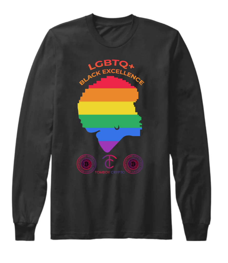 A black long sleeve shirt with the image of a rainbow colored head.