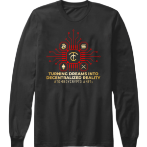 A black long sleeve shirt with a red and gold design.