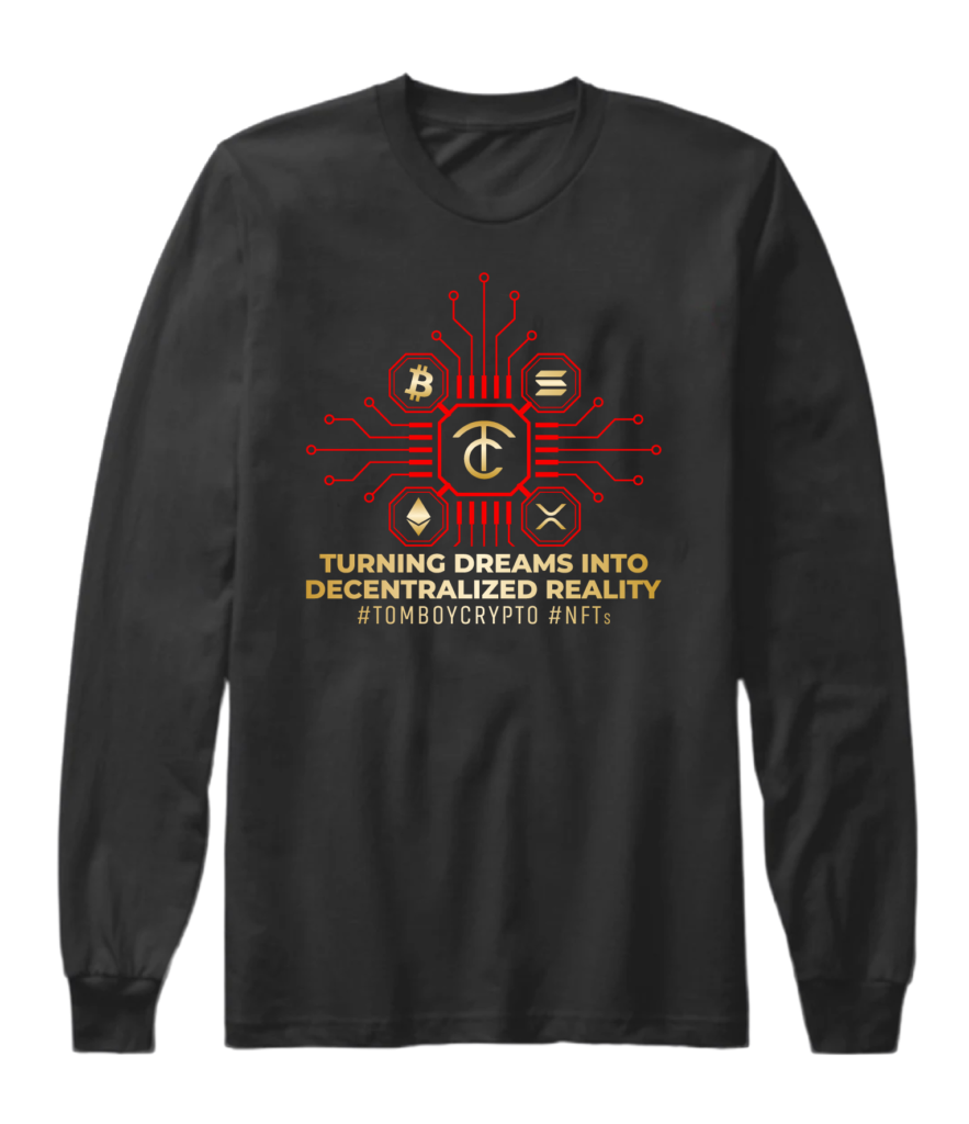 A black long sleeve shirt with a red and gold design.