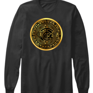 A black long sleeve shirt with a gold and black logo.