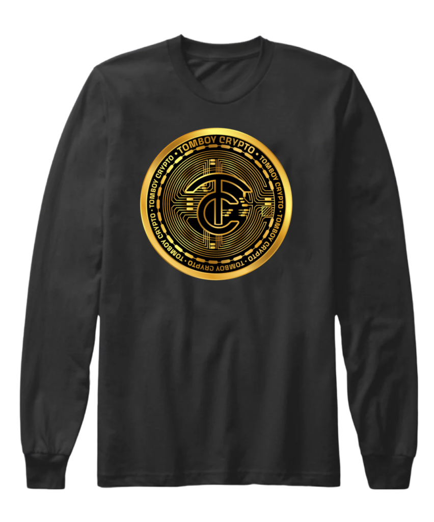 A black long sleeve shirt with a gold and black logo.