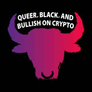 A purple and pink bull with the words " queer, black, and bullish on crypto."