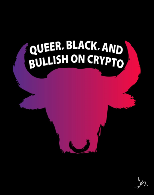 A purple and pink bull with the words " queer, black, and bullish on crypto."