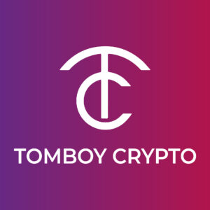 A purple and pink background with the words tomboy crypto in white.