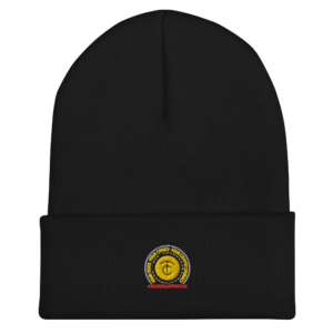 A black beanie with the logo of a yellow and red sun.