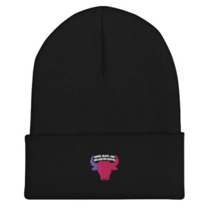 A black beanie with the bulls logo on it.