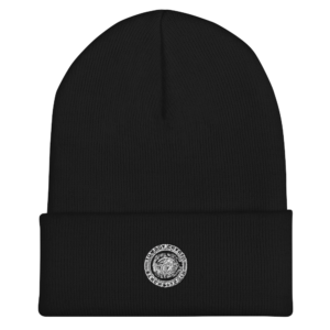 A black beanie with a white and silver logo.