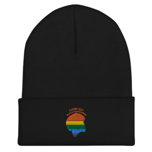 A black beanie with the rainbow flag on it.